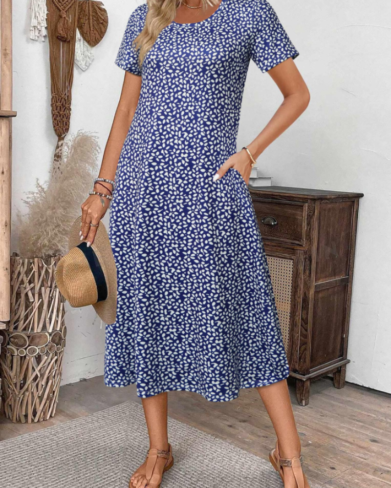 Briony Robe Midi Fleurie Femme – Robe Col Rond Manches Courtes Coupe Ample