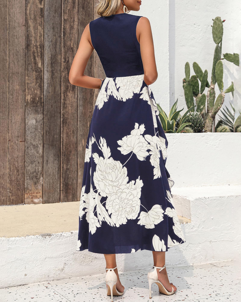 Vestido Midi Floral Zoey para Mulher – Vestido Boémio Sem Mangas com Cintura Alta e Folhos