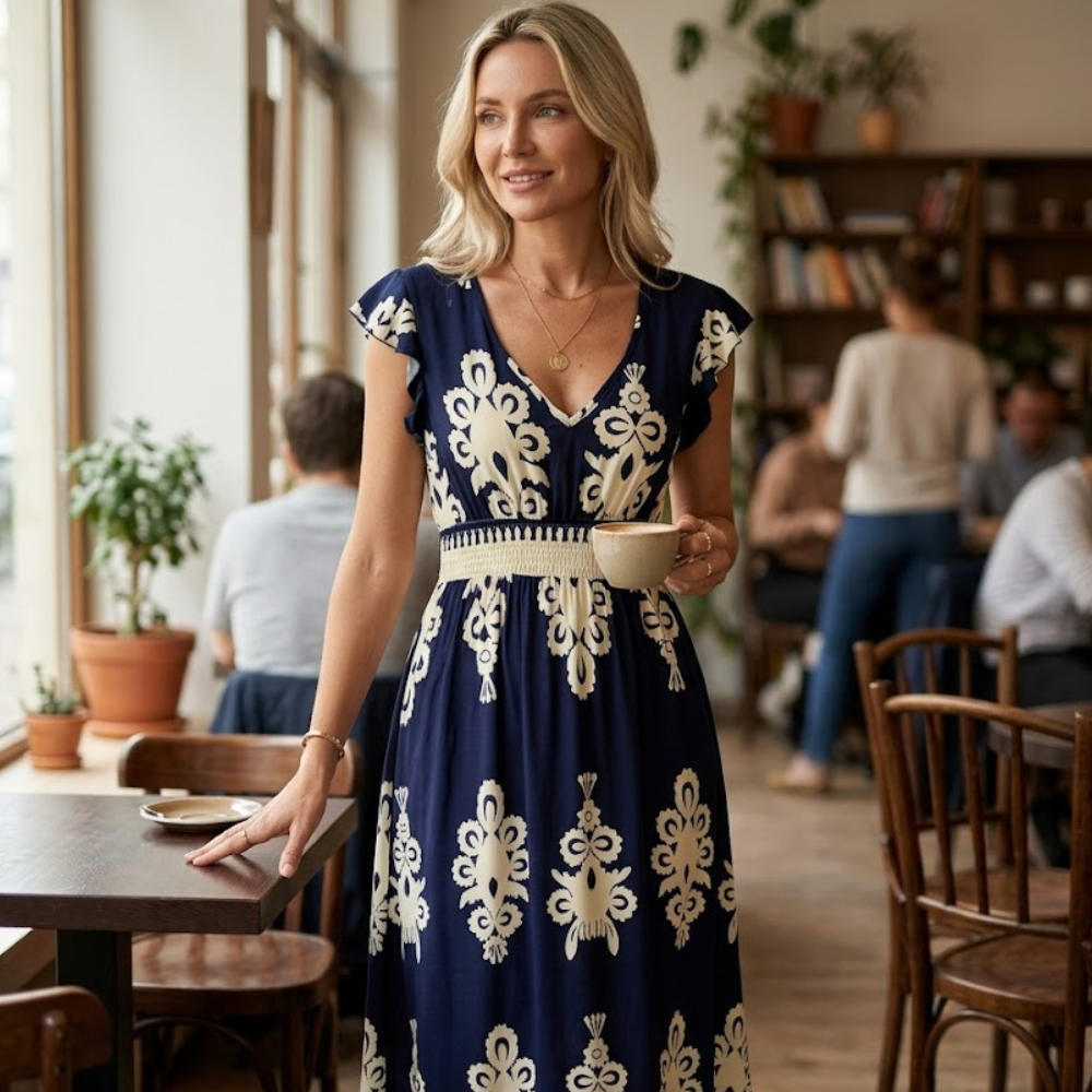 Giulia naisten mekko – boheemi kukallinen A-linjainen maksimekko, kevyt ja elegantti kesämekko