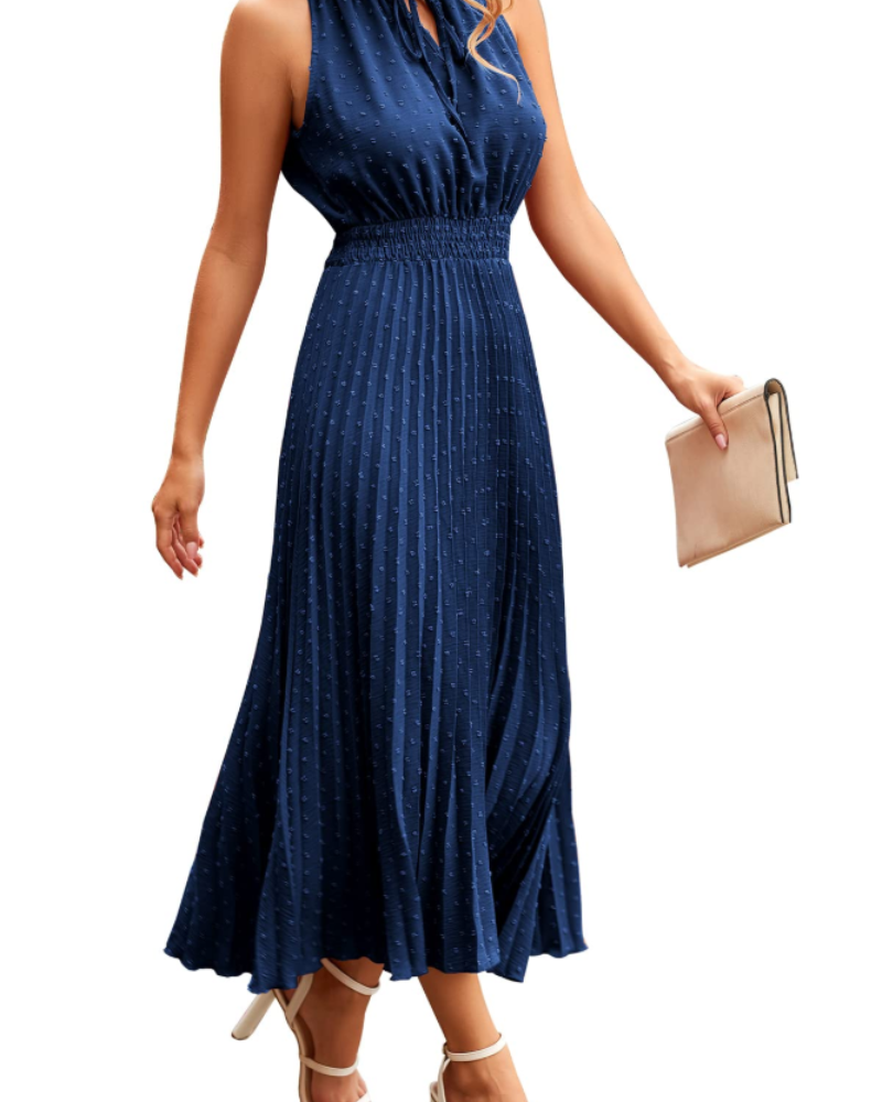 Ovie Robe Midi Femme Été – Col V Plumetis Volants Sans Manches