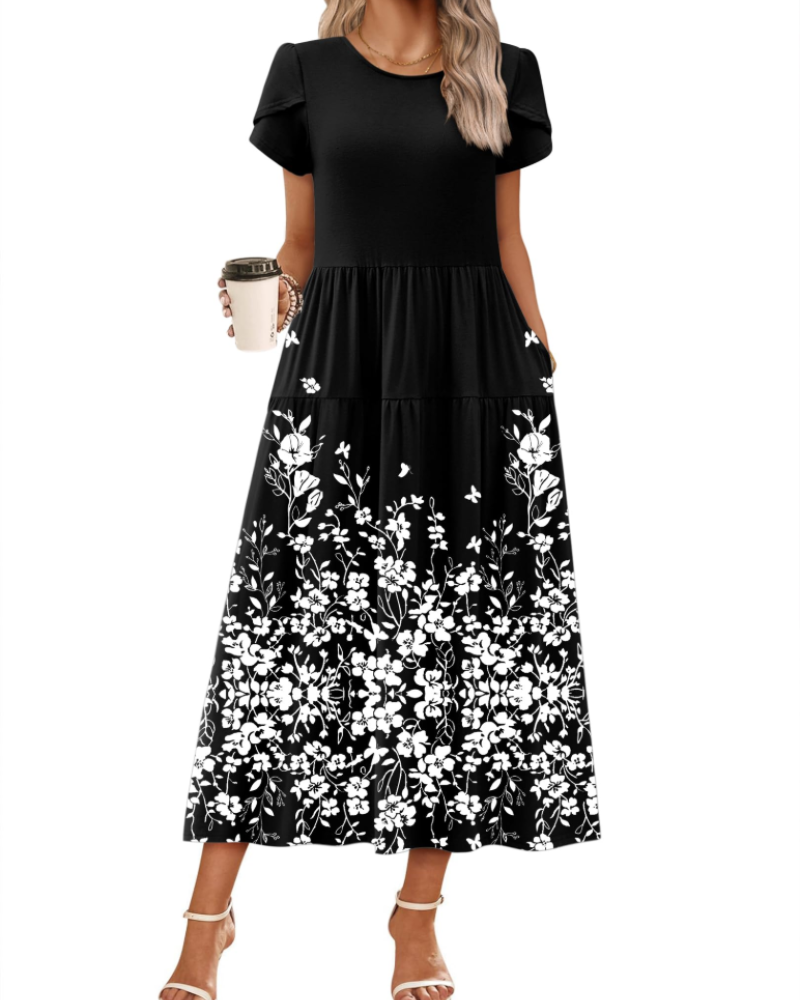 Rochie maxi boemă Olivia pentru femei – rochie lungă cu flori, croială A, cu buzunare