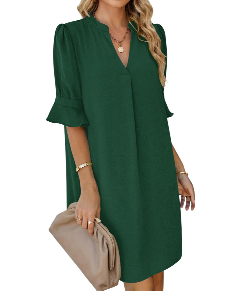 Vestido Ronella para Mulher – Vestido de Verão com Decote em V, Corte Evasé, Bolsos e Mangas com Folhos