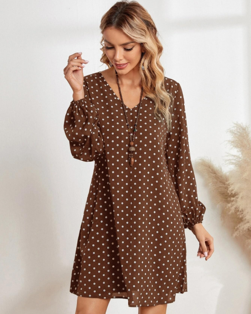 Helena Mini-Kleid für Damen mit Punkten – Leichtes V-Ausschnitt-Kleid mit langen Ärmeln