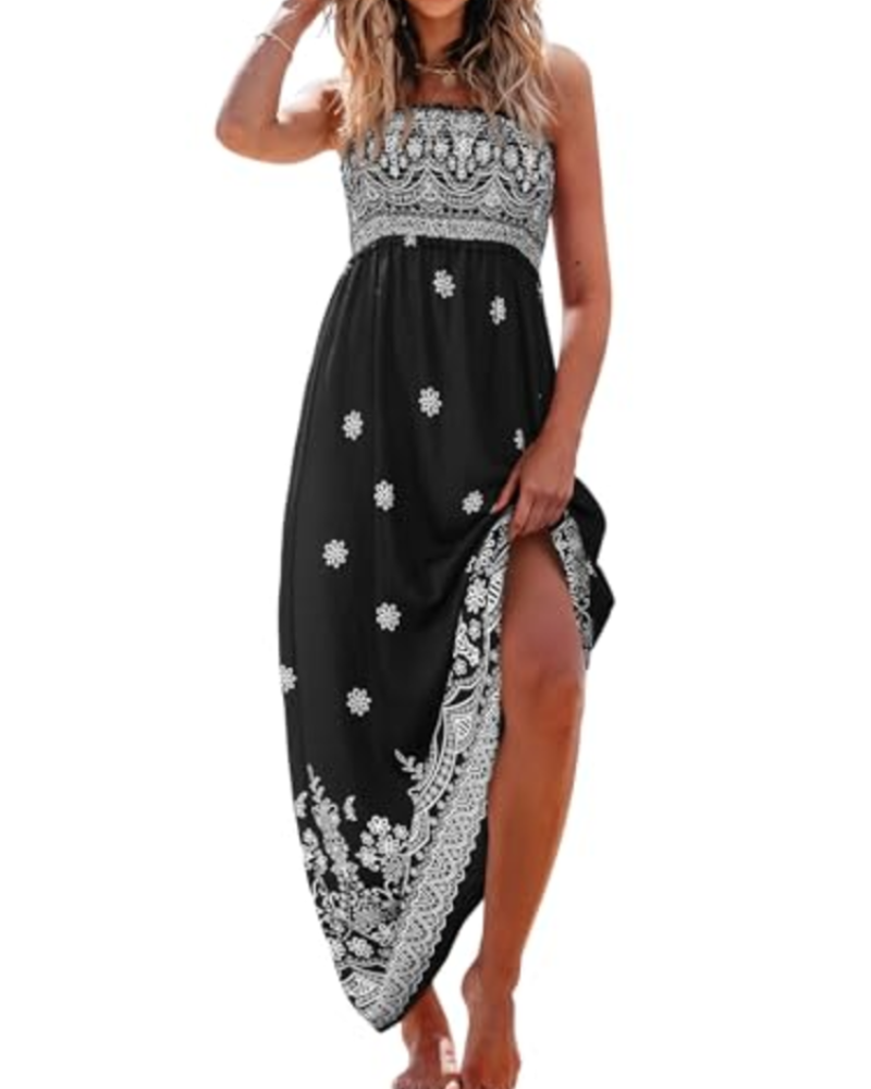 Rochie maxi Willow pentru femei – cu imprimeu floral, smocată, cu bretele și volane