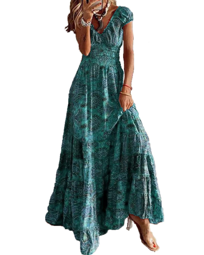 Vestido Maxi Charl para Mujer Verano – Floral Cuello en V Manga Corta