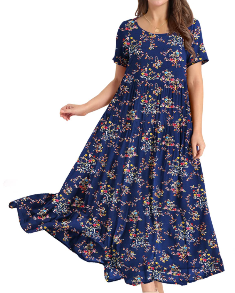 Rina Maxi Dress for Women – Bohemian Floral Cotton Dress with Round Neck & Pockets Summer