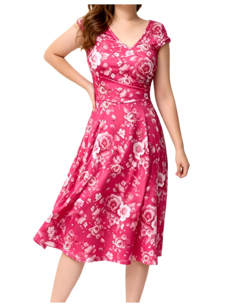 Vestito Midi Estivo da Donna Bell – Vintage Floreale, Scollo a V, Taglio A-Line