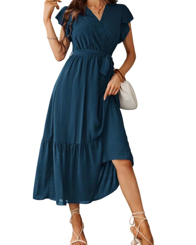 Anita Maxi Dress for Women – Bohemian Floral Dress with V-Neck, Ruffles, Belt, Summer
