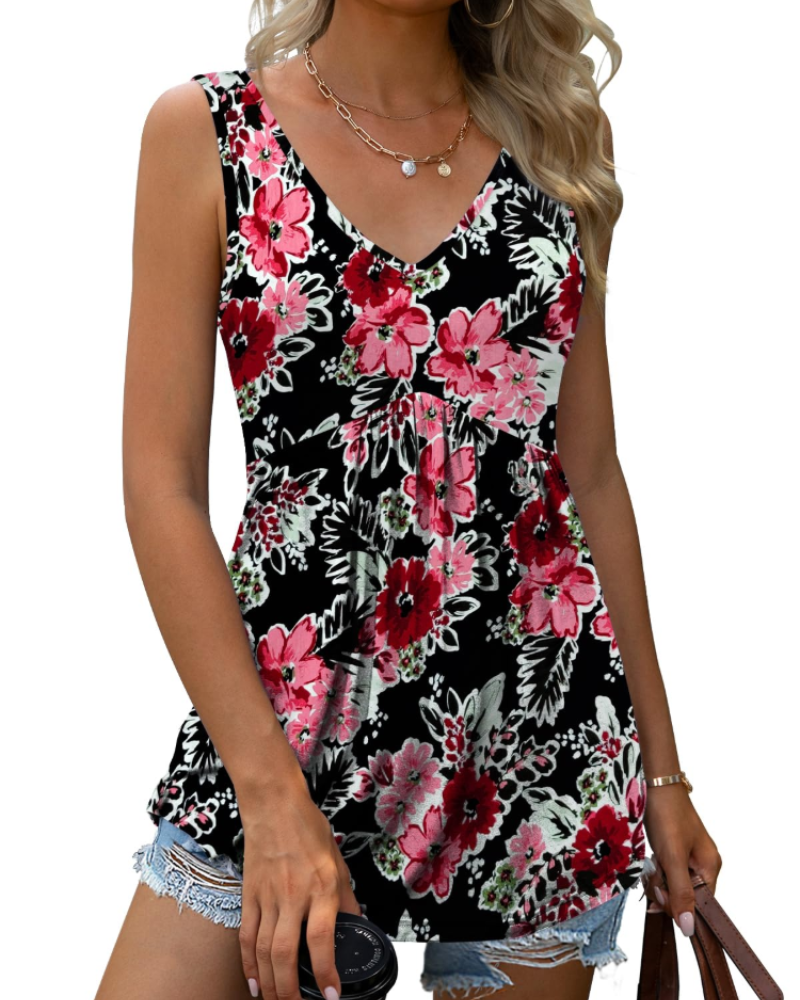 Delaney Camiseta de Tirantes Mujer Floral – Top Fluido con Escote en V Sin Mangas Ligero de Verano