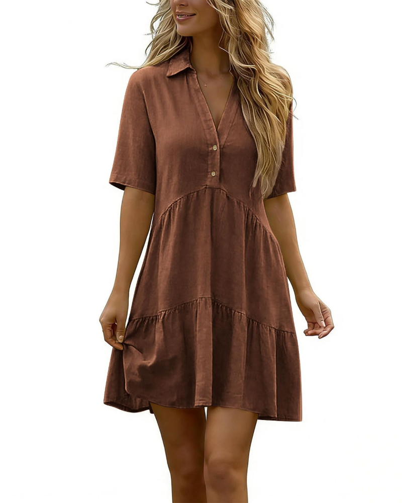 Vestido Harlow para mujer en lino – vestido corto con cuello en V y botones, mangas cortas de verano