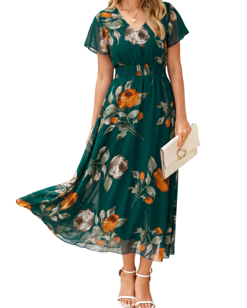 Isabella Blomstret Kjole til Kvinder – Elegant Boheme Midi Lang V-hals Kjole
