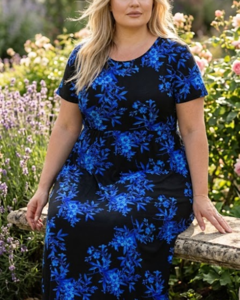 Adice Abito Maxi Taglia Grande Donna – Abito Lungo Fluido Collo Tondo con Tasche e Vita Elastica