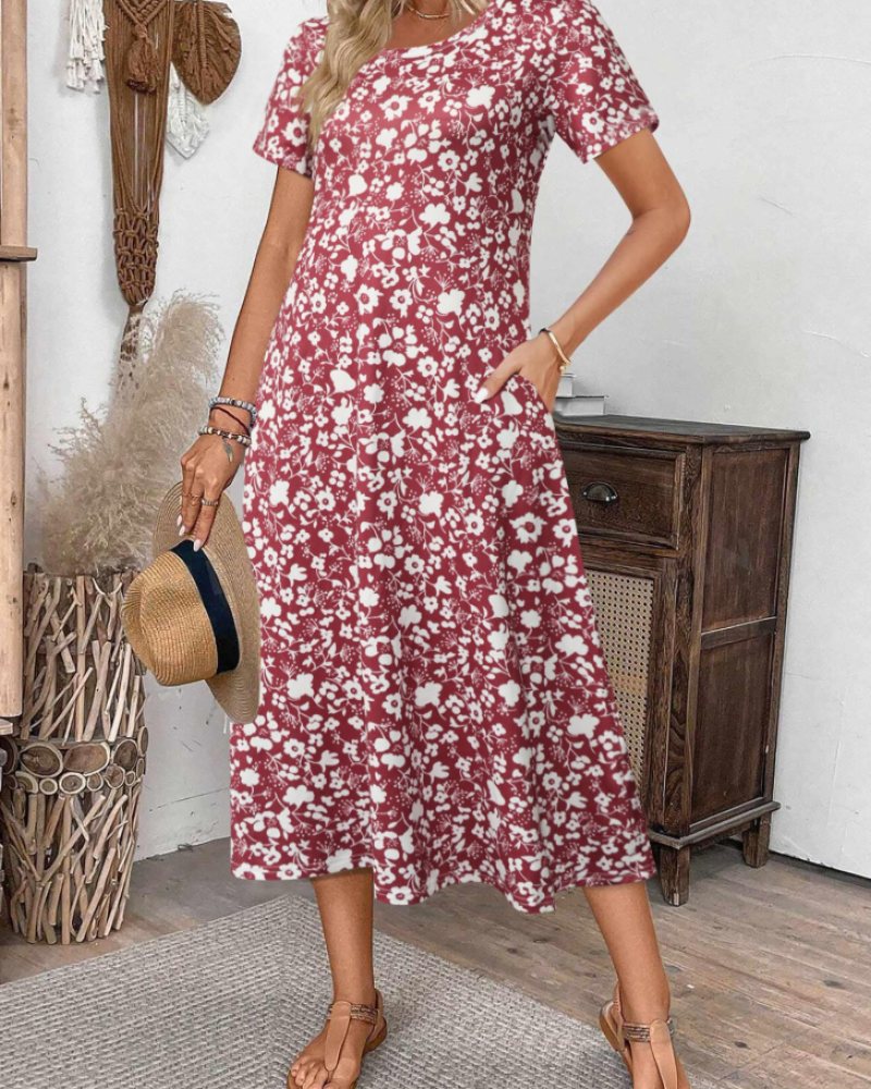 Briony Robe Midi Fleurie Femme – Robe Col Rond Manches Courtes Coupe Ample