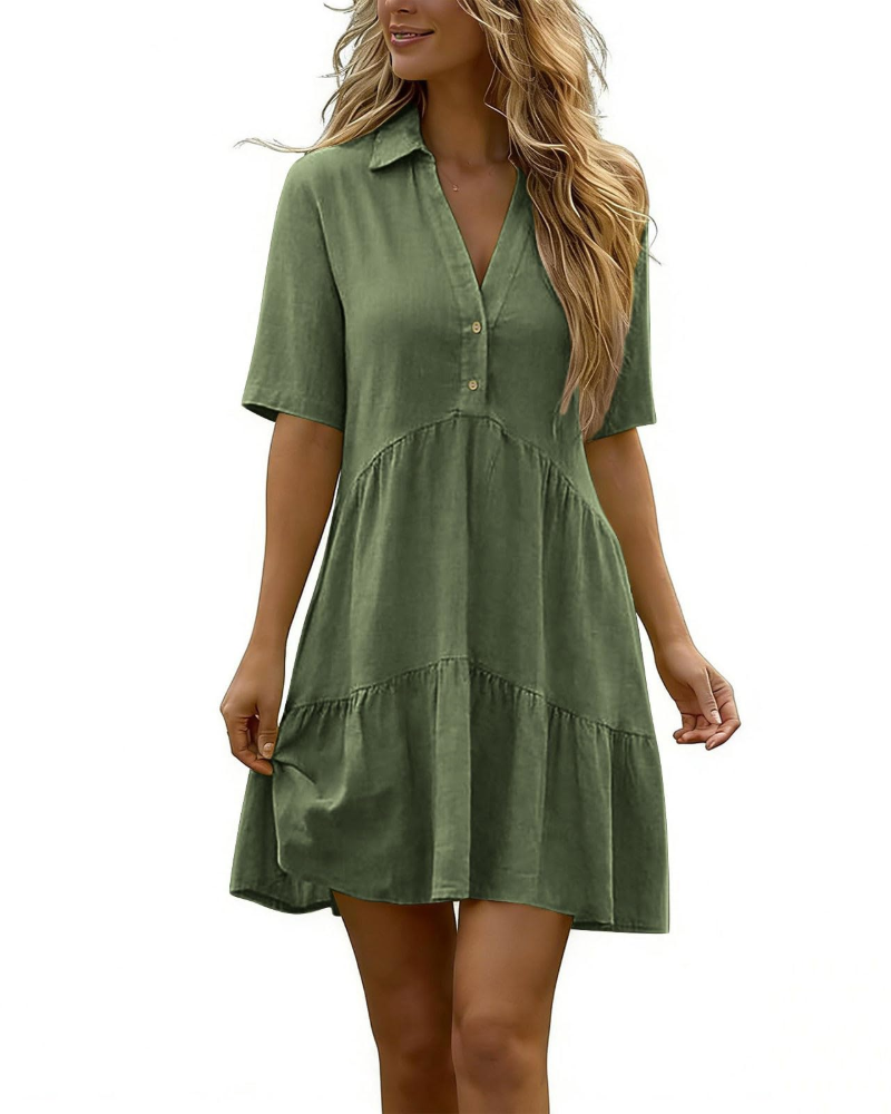 Vestido Harlow para mujer en lino – vestido corto con cuello en V y botones, mangas cortas de verano