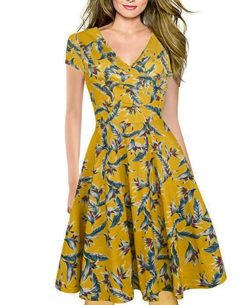 Vestito Midi Estivo da Donna Bell – Vintage Floreale, Scollo a V, Taglio A-Line