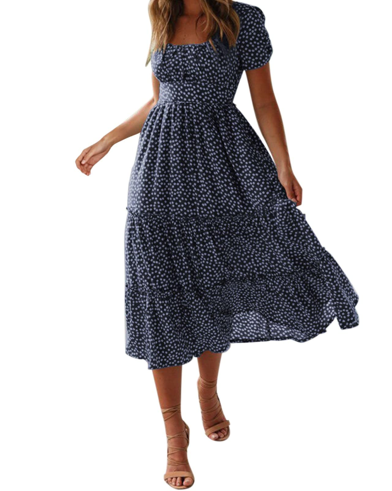 Vestito Midi Estivo Donna Aria – Floreale con Scollo Quadrato e Maniche a Volant