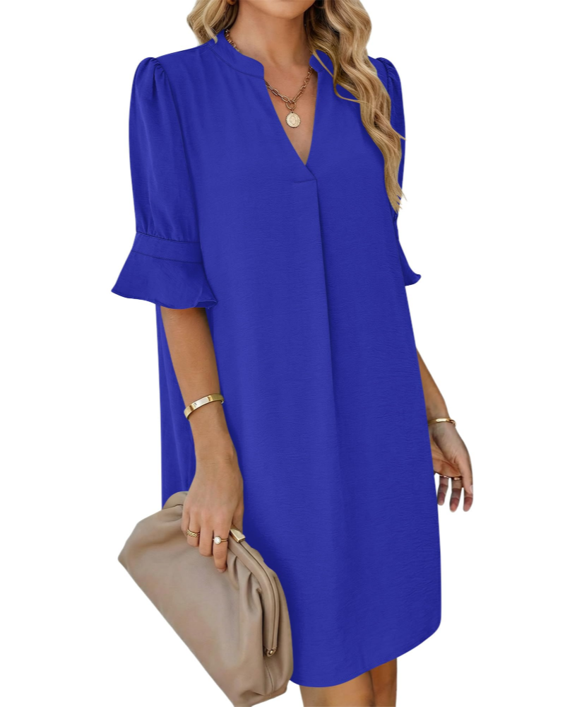 Vestido Ronella para Mulher – Vestido de Verão com Decote em V, Corte Evasé, Bolsos e Mangas com Folhos