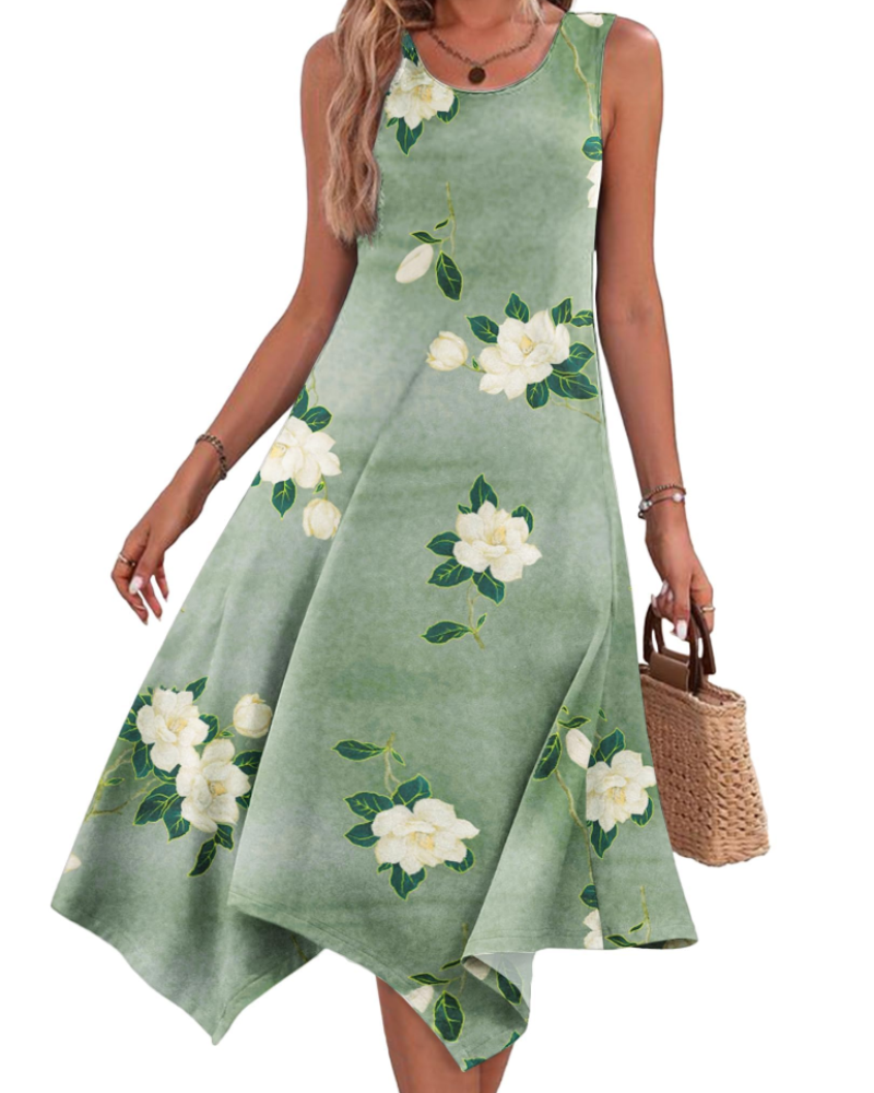 April Midi-kjole til kvinder sommer – blomsterprint boheme uden ærmer og med lommer