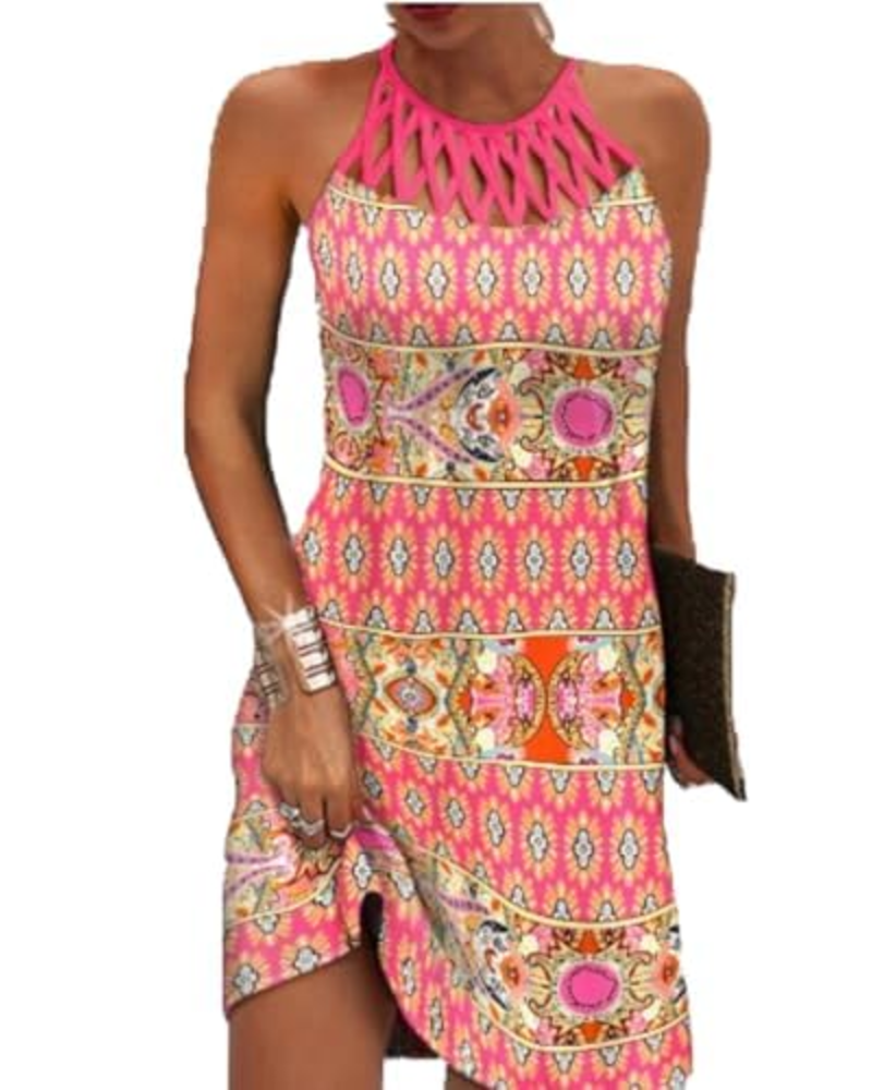 Layla Midi Boheme Kjole til Kvinder – Sommerkjole med Halterneck og Etnisk Print