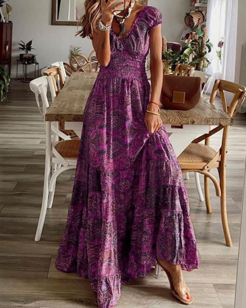 Vestido Maxi Charl para Mujer Verano – Floral Cuello en V Manga Corta