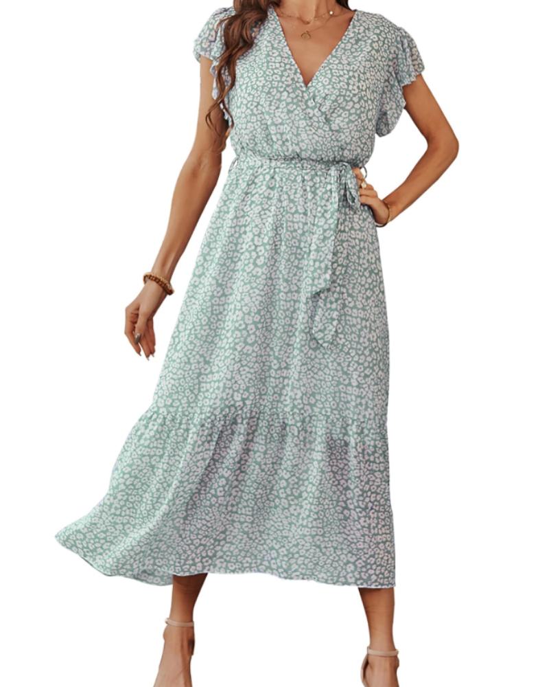 Anita Maxi Dress for Women – Bohemian Floral Dress with V-Neck, Ruffles, Belt, Summer