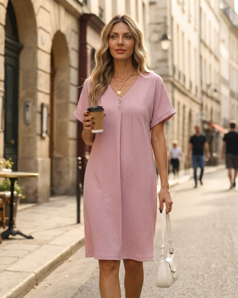 Camille krátké dámské šaty – šaty s výstřihem do V, zapínané na knoflíky, áčkový střih, elegantní letní