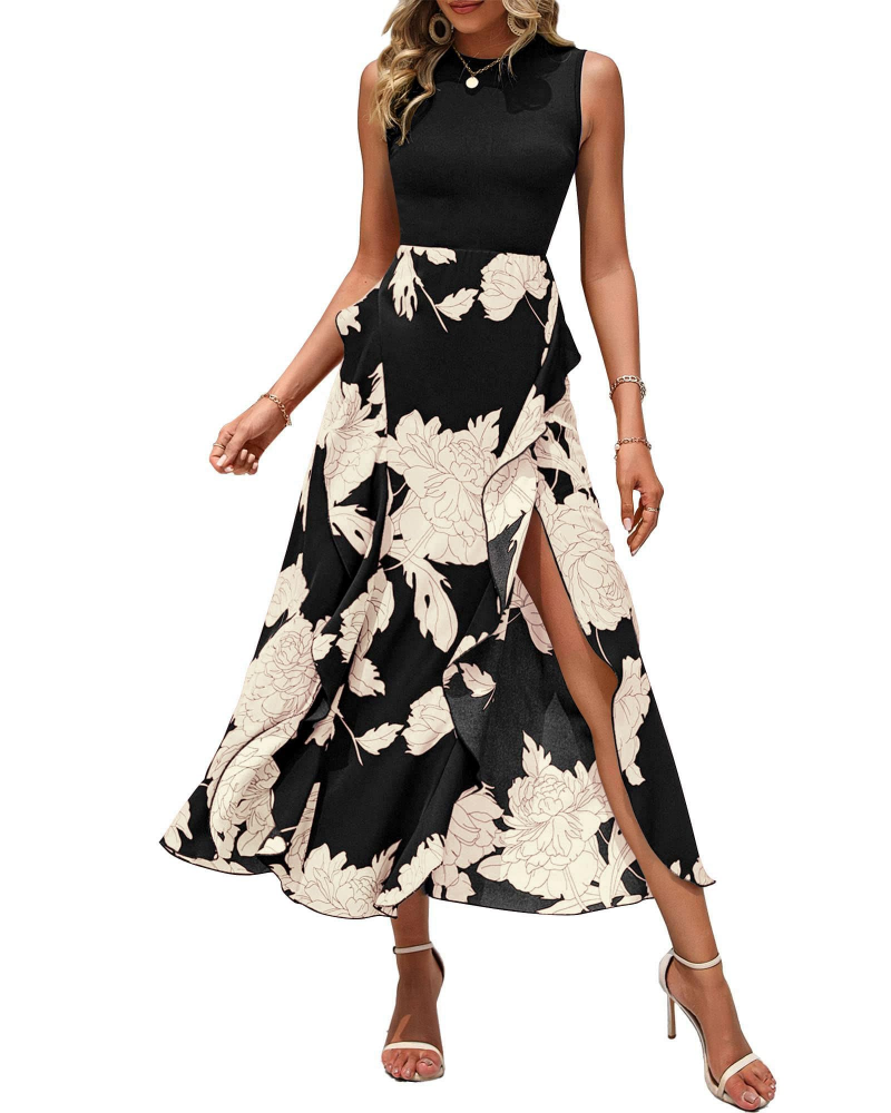 Vestido Midi Floral Zoey para Mulher – Vestido Boémio Sem Mangas com Cintura Alta e Folhos