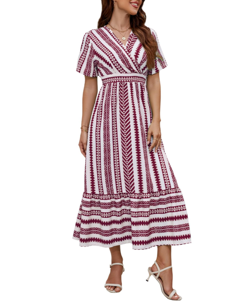 Vestido Elsie para Mulher Verão – Decote em V às Riscas Corte A-Line com Bolsos