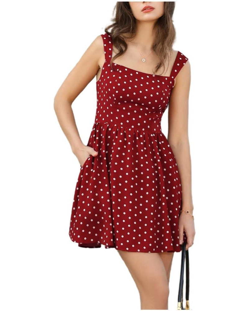 Rochie Mini Clara pentru Femei de Vară – Cu Buline, Guler Pătrat, Bretele Largi