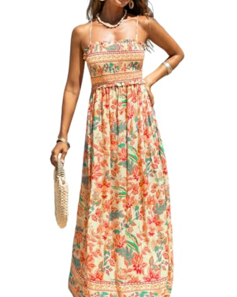 Rochie maxi Willow pentru femei – cu imprimeu floral, smocată, cu bretele și volane