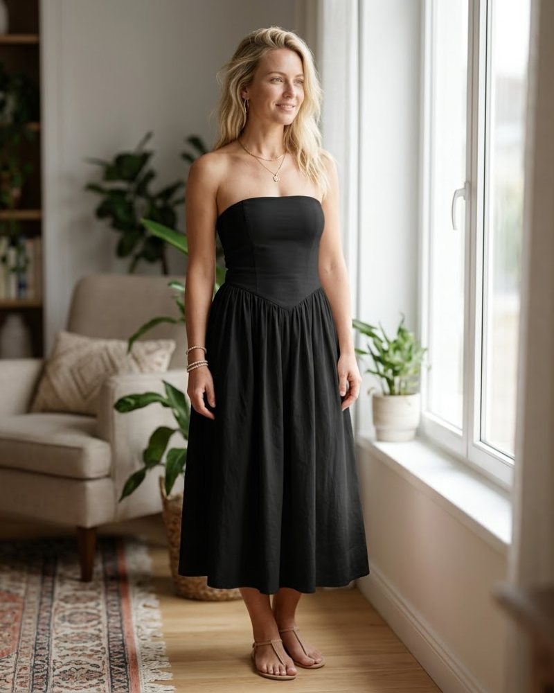 Lina Midi Dress for Women – Sleeveless Strapless Dress with Low Waist A-Line Chic Summer