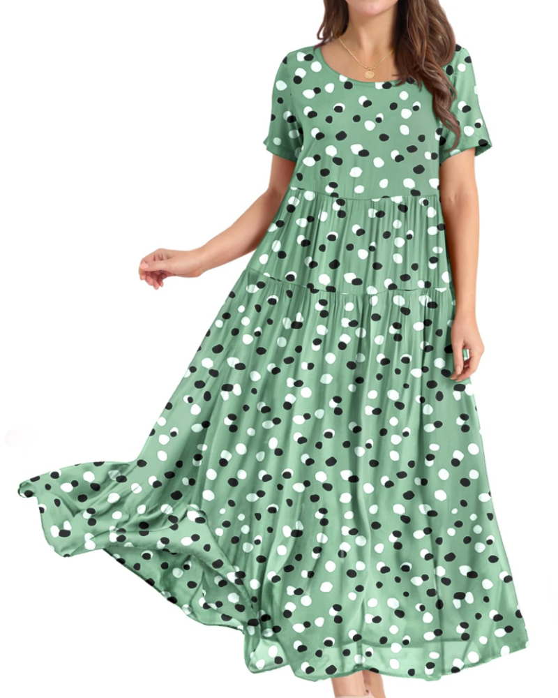 Rina Maxi Dress for Women – Bohemian Floral Cotton Dress with Round Neck & Pockets Summer