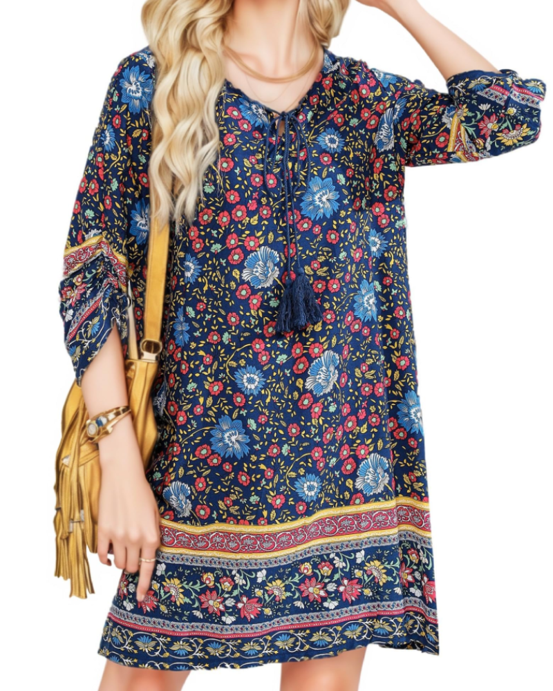 Dámská tunika Mara na léto – květinový boho styl, 3/4 rukávy a mašle