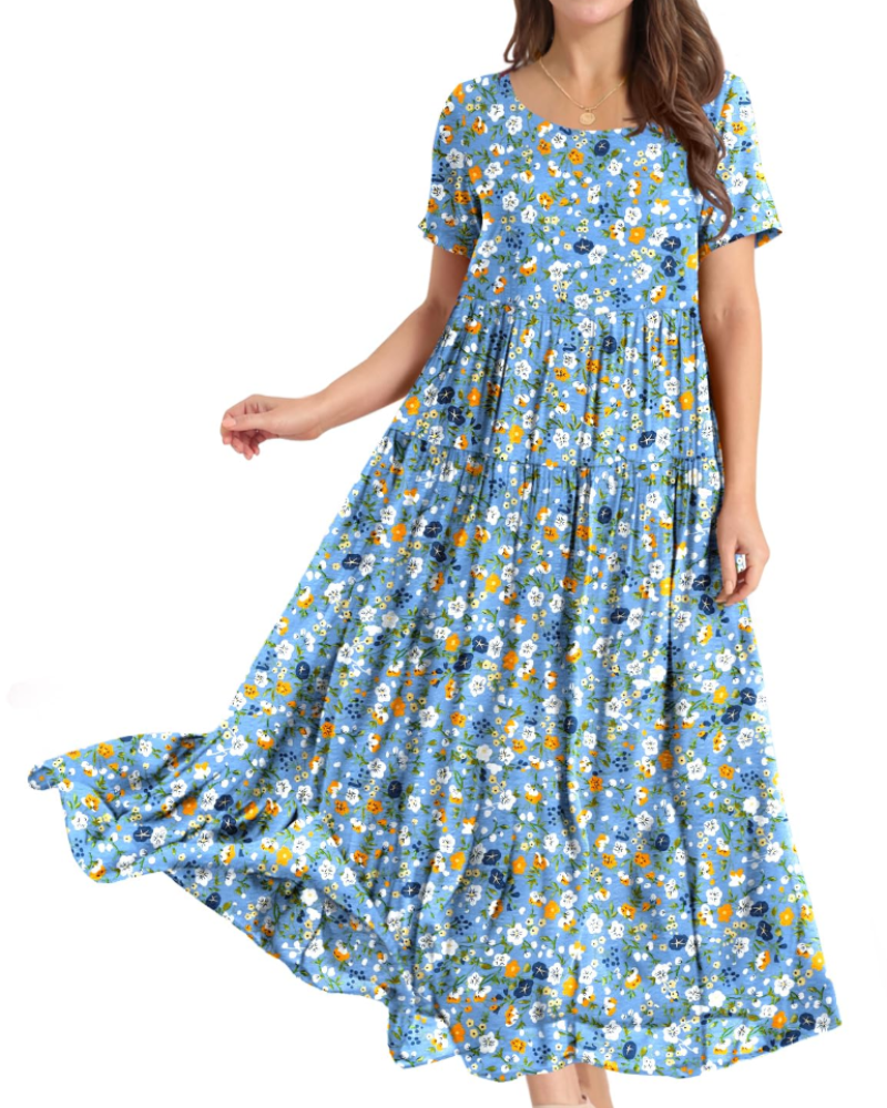Rina Maxi Dress for Women – Bohemian Floral Cotton Dress with Round Neck & Pockets Summer
