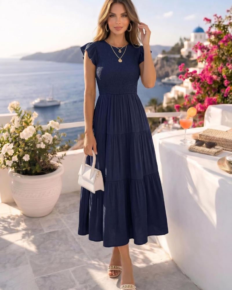 Vestido Midi Élise para Mujer – Vestido de Verano con Cintura Fruncida y Mangas Volantes Elegante y Fluido