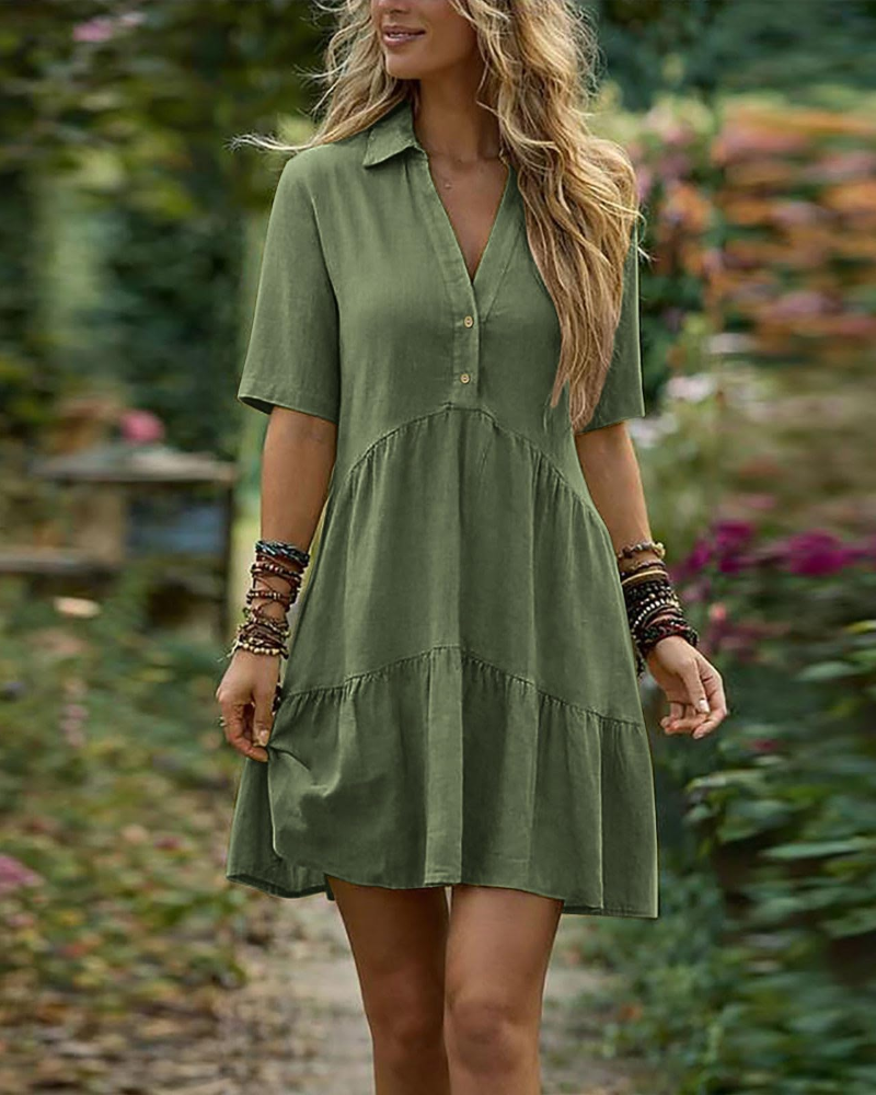 Vestido Harlow para mujer en lino – vestido corto con cuello en V y botones, mangas cortas de verano