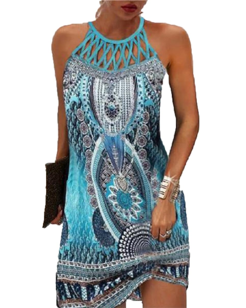 Layla Midi Boheme Kjole til Kvinder – Sommerkjole med Halterneck og Etnisk Print