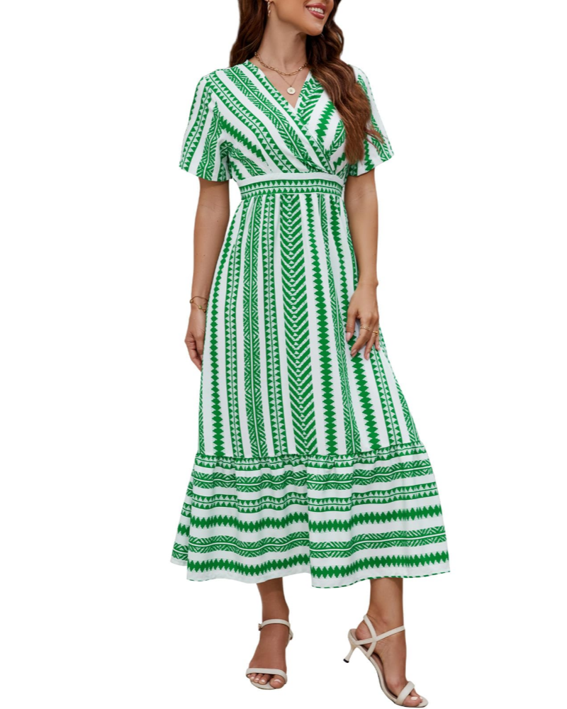 Vestido Elsie para Mulher Verão – Decote em V às Riscas Corte A-Line com Bolsos