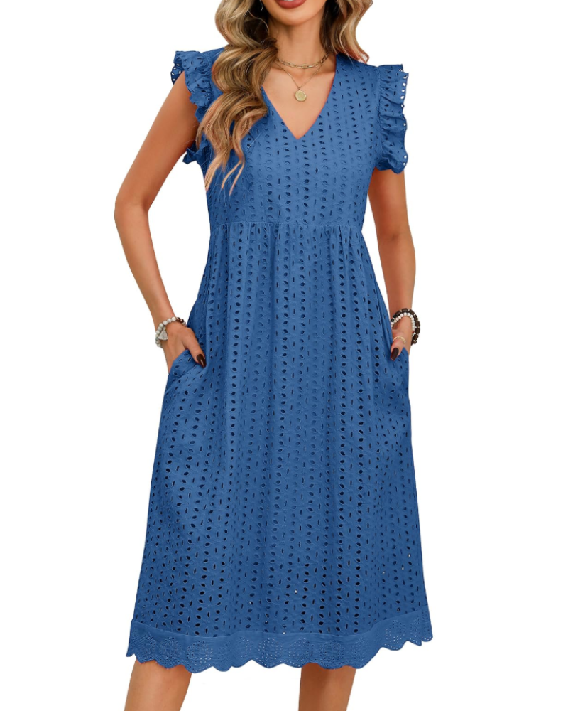 Abito Midi da Donna Abigail – Cotone con Scollo a V, Volant e Tasche