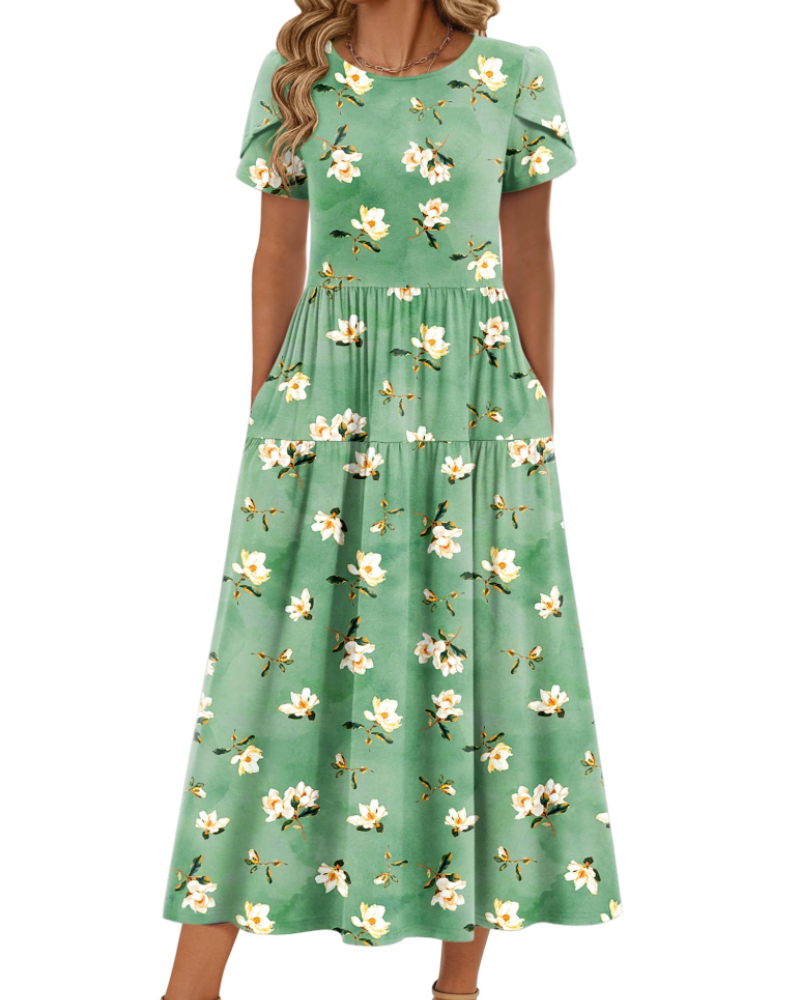 Rochie maxi boemă Olivia pentru femei – rochie lungă cu flori, croială A, cu buzunare