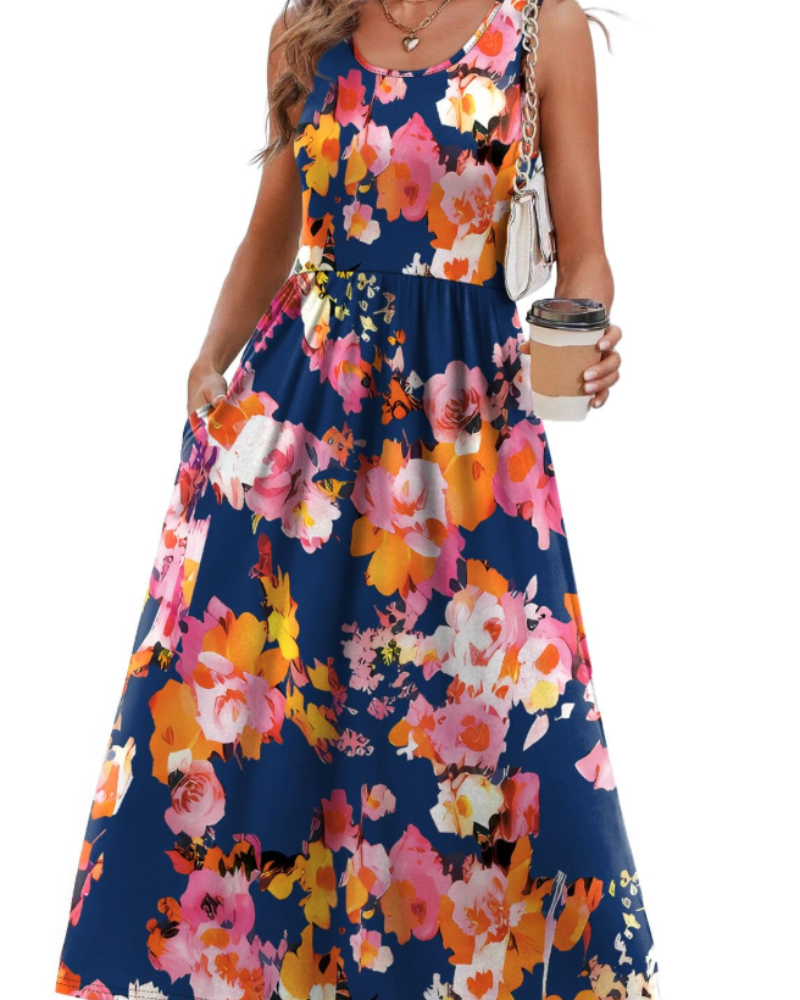 Clementine Robe d'Été Femme – Robe Midi Col U avec Poches Fluide