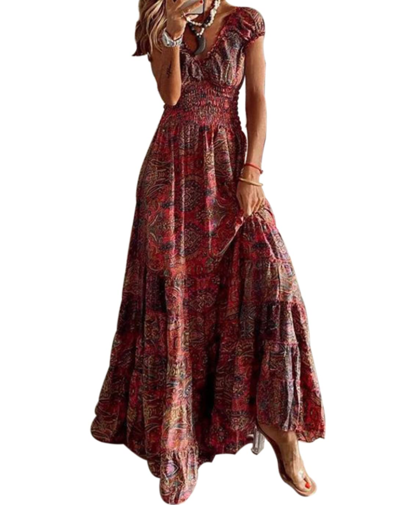 Vestido Maxi Charl para Mujer Verano – Floral Cuello en V Manga Corta