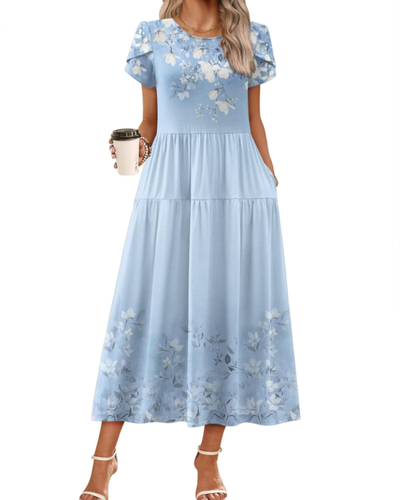 Rochie maxi boemă Olivia pentru femei – rochie lungă cu flori, croială A, cu buzunare