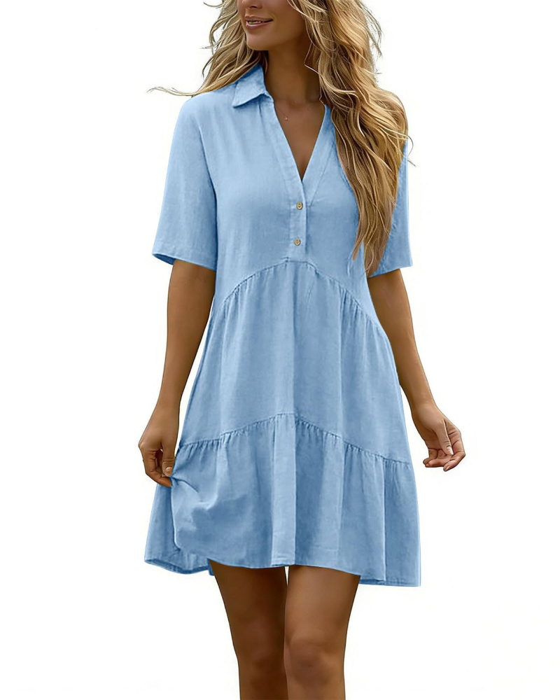 Vestido Harlow para mujer en lino – vestido corto con cuello en V y botones, mangas cortas de verano