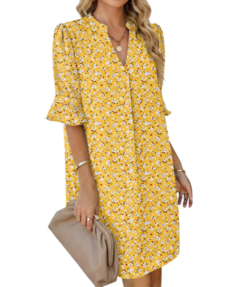 Vestido Ronella para Mulher – Vestido de Verão com Decote em V, Corte Evasé, Bolsos e Mangas com Folhos
