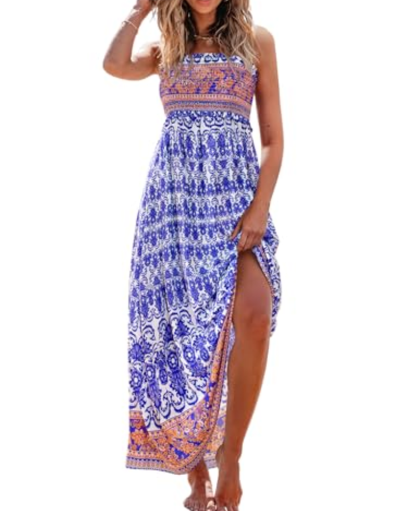 Rochie maxi Willow pentru femei – cu imprimeu floral, smocată, cu bretele și volane