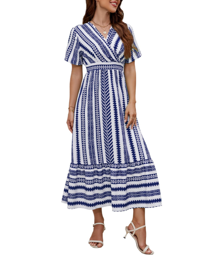 Vestido Elsie para Mulher Verão – Decote em V às Riscas Corte A-Line com Bolsos