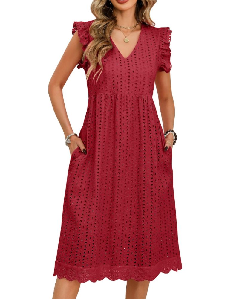 Abito Midi da Donna Abigail – Cotone con Scollo a V, Volant e Tasche