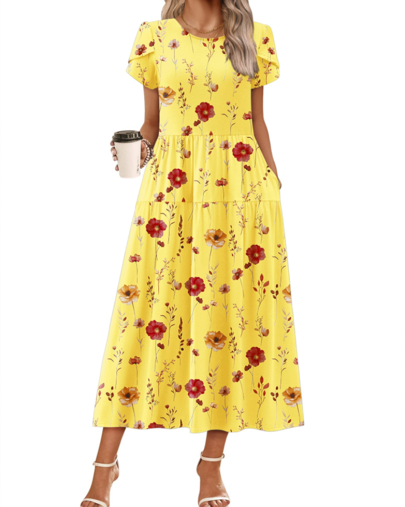 Rochie maxi boemă Olivia pentru femei – rochie lungă cu flori, croială A, cu buzunare