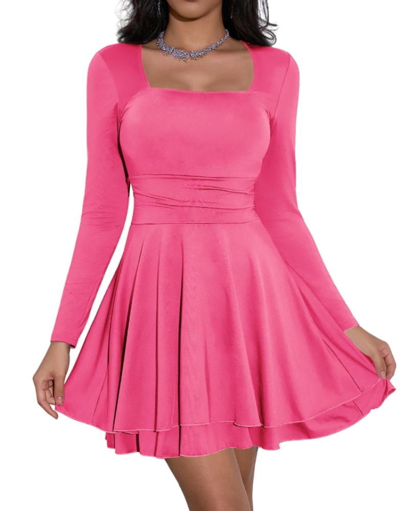 Cicy Robe Mini Naisten – Neliökaulus Pitkät Hihat Korsetti & Volangit